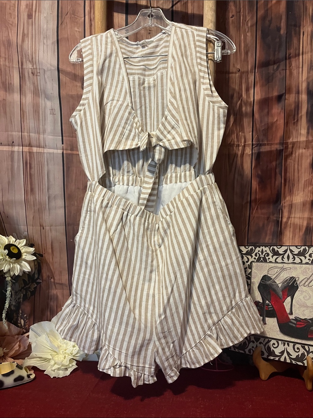 Free the Roses Beige and White Striped Tie-Front Kids Dress